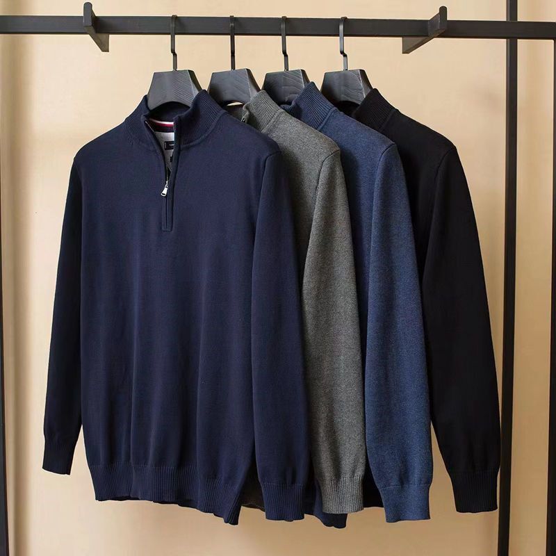 2024 New Sweater Cardigan for Men, Half Turtleneck, Autumn and Winter Style, Casual Base Layer Jacket, Solid Color Zipper Stand Collar Knitwear