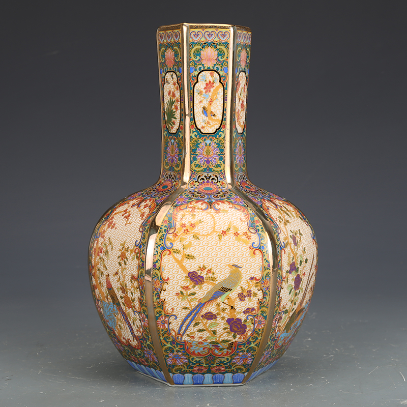 乾隆御制红地粉彩花鸟六方瓶古董古玩景德镇仿古瓷器收藏品