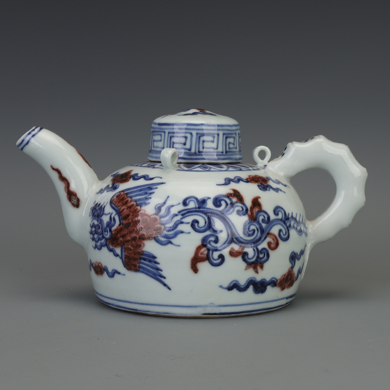 大明宣德青花釉里红凤纹执壶古董古玩收藏品包老保真老货瓷器摆件