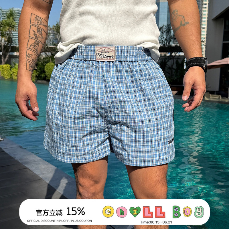 Chillboy Navy Plaid Sports Home Shorts for Men and Women, American Retro Plaid Loose Casual Beach Shorts