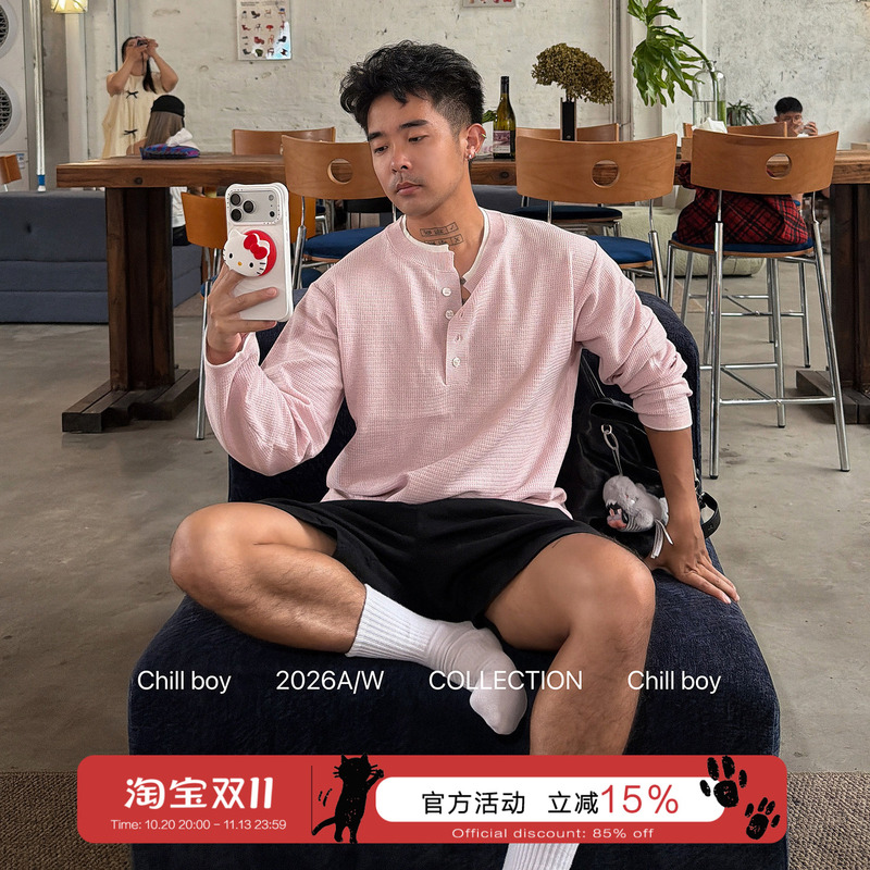 Chillboy Wenger Daily Waffle Color-Block Henry Collar Long Sleeve T-Shirt Men's Lazy Casual Knitted Sweater