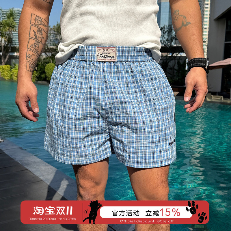 Chillboy Navy Plaid Sports Home Shorts for Men and Women, American Retro Plaid Loose Casual Beach Shorts