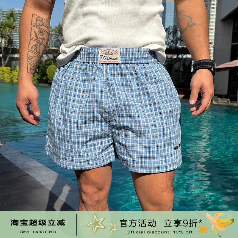 Chillboy Navy Plaid Sports Home Shorts for Men and Women, American Retro Plaid Loose Casual Beach Shorts
