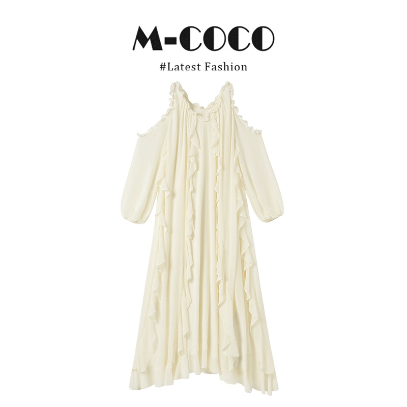 White Moonlight Seaside Vacation Long-Sleeve Off-Shoulder Dress for Women with a Unique Design, Ruffled V-Neck, and Puff Sleeves