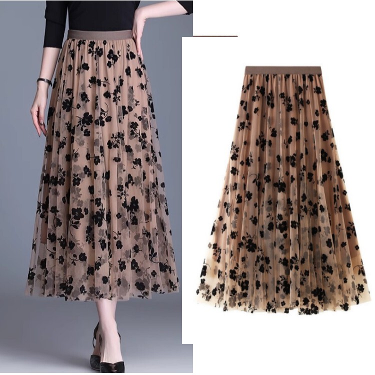 High-End Mesh Skirt for Women, Mid-Length, 2023 Spring and Summer, Floral High-Waisted, Velvet New Style, Super Fairy-Like Gauze Skirt, Trendy