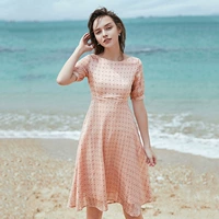 Mùa hè 2019 thương hiệu mới của phụ nữ in cổ tròn eo in họa tiết điểm nhấn lady đầm voan - Váy eo cao chân váy cạp cao