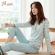 Top đồ ngủ dưa gang nữ mùa xuân và mùa thu cotton đôi điều hòa không khí quần áo dài tay phục vụ nhà phù hợp với sọc mỏng phần thể thao - Nam giới