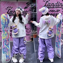 Skibear original bear ears ski sweatshirt purple ski pants single and double board cute warm waterproof snow suit