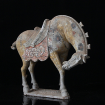 仿古陶马摆件唐代陶器三花啃蹄马古玩收藏品中式家居装饰酒店软装