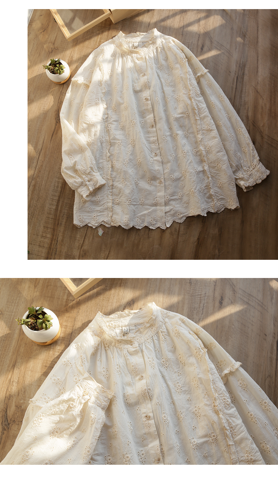 Boutique hollow out embroidery ruffles 100% cotton stand collar Japanese style  shirt blouse 2020 Autumn