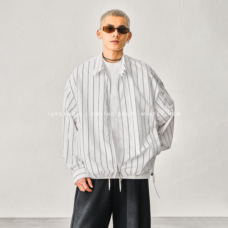 Jupstudio Old Money Style Striped Lapel Jacket for Men, Loose Long-Sleeved Old Money Style High-End Fashion Jacket