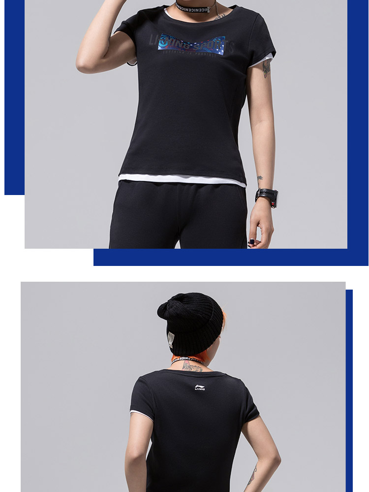 Li Ning áo thun ngắn tay nữ thời trang thể thao mới sành điệu thấm hút ẩm cotton mùa hè - Áo phông thể thao áo tank top gym