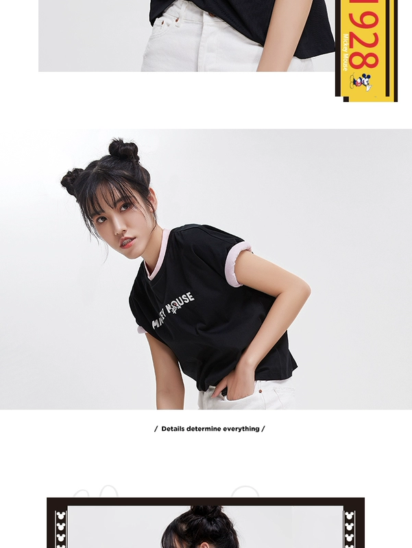 Li Ning Disney Mickey phối áo thun ngắn tay nữ 2019 mới giản dị cổ tròn áo cotton rộng - Áo phông thể thao