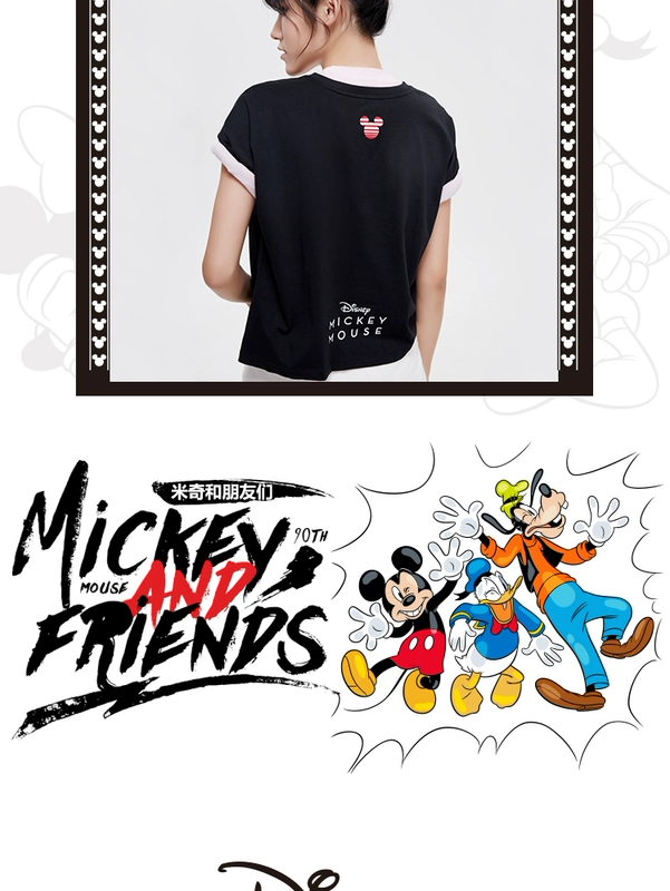 Li Ning Disney Mickey phối áo thun ngắn tay nữ 2019 mới giản dị cổ tròn áo cotton rộng - Áo phông thể thao