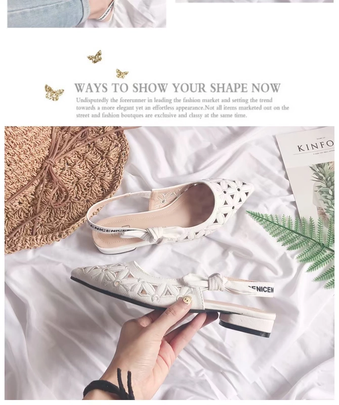 Dép thêu phẳng nữ nhỏ nhang da rỗng da nhọn giày đơn chữ trắng nơ phẳng
