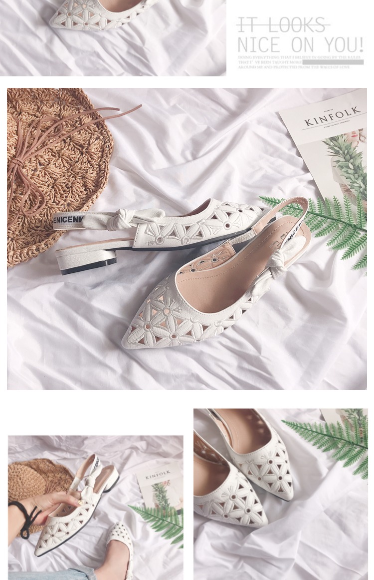 Dép thêu phẳng nữ nhỏ nhang da rỗng da nhọn giày đơn chữ trắng nơ phẳng giày sandal nữ đi học