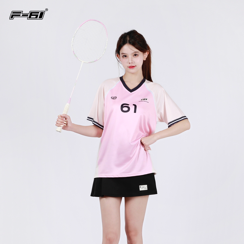 F61 New Style Milk Cake V-Neck Badminton Shirt for Women, Summer Quick-Dry Short-Sleeve Breathable 150g Sports Shirt with Mesh Fabric T-Shirt