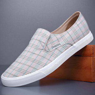 Men's Shoes for Spring and Summer, Breathable Slip-On Plaid Canvas Shoes, Low-Top Trendy Old Beijing Canvas Shoes, Lazy Casual Sneakers