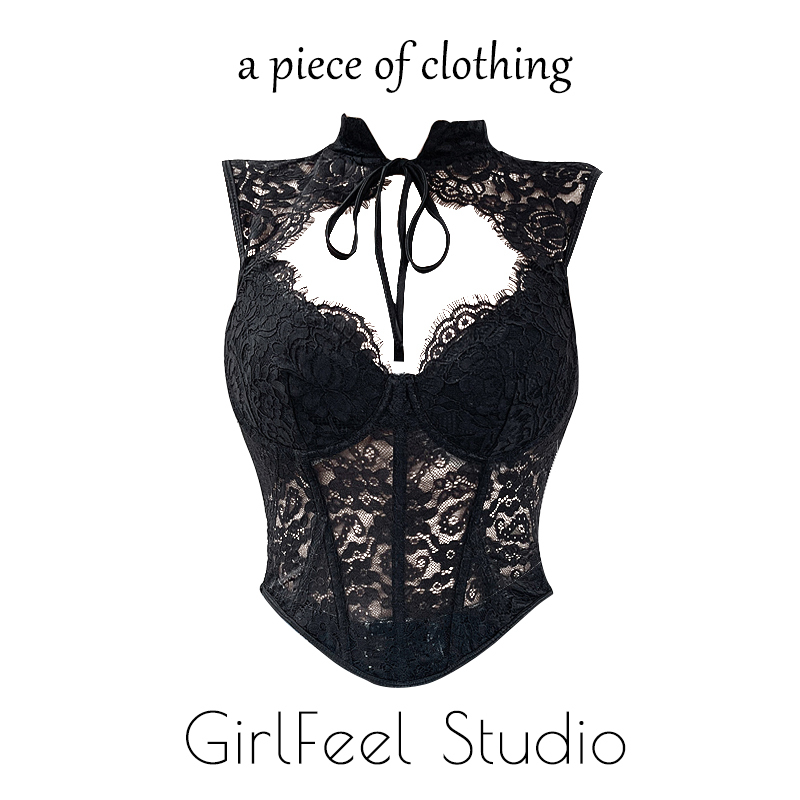 Black Hollow-Out Sexy Hot Girl New Chinese Style Sleeveless Top European and American Outerwear Slim Mesh Fishbone Corset