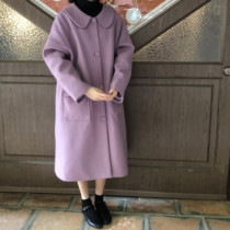 Xin help homemade Korean spring warm pocket lapel yellow doll collar long loose woolen cloth coat women