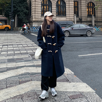 Horn button woolen coat womens woolen coat autumn and winter 2022 new Hepburn style thickened high-end Korean small man