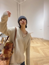 KC 12 9 Slouchy Minimal Ease Premium Vintage Loose Large V-neck Textured Chunky Needle Sweater