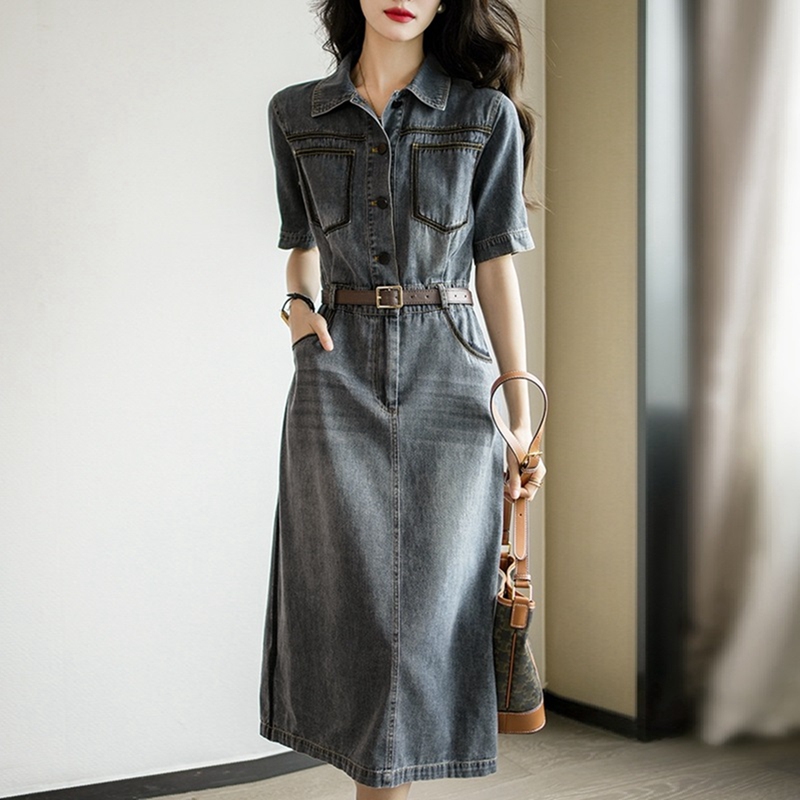 Lumaier Fashionable Age-Reducing Denim Skirt with Shirt Collar, Waist-Cinching, Comfortable Cotton Denim Long Skirt Dress for Women, Summer Style Lumaier Fashionable Age-Reducing Denim Skirt with Shirt Collar, Waist-Cinching, Comfortable Cotton Denim Long Skirt Dress for Women, Summer Style