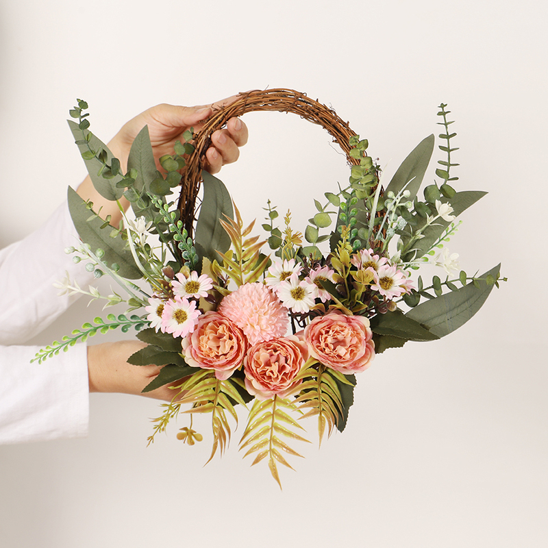 Artificial Flower Pendant, Oval Half Peony Wreath, Indoor Home Decoration, Door Hanging, Hand-Woven Flower Basket, Wall Decoration
