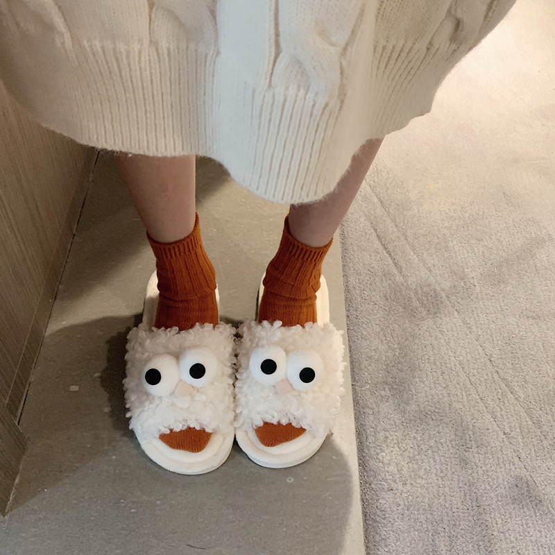 Japan Gp Fur Tug Woman Autumn Winter Flat-bottomed In-home Wearing Cute Cartoon Cotton Slippers