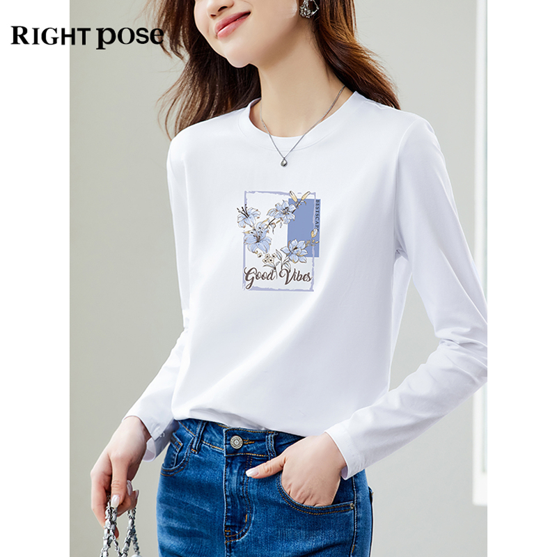 White Pure Cotton Long-Sleeve T-Shirt for Women, 2026 New Autumn Style, Loose Design, Fashionable and Versatile, Regular Shoulder Top