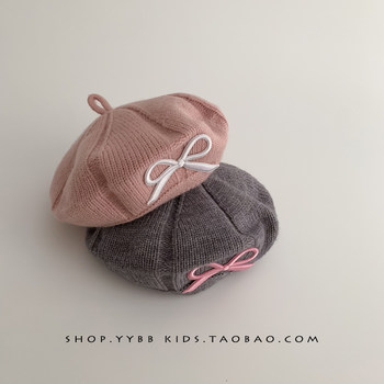 Girls beret autumn and winter sweet embroidered bow warm windproof woolen hat baby girl knitted painter hat