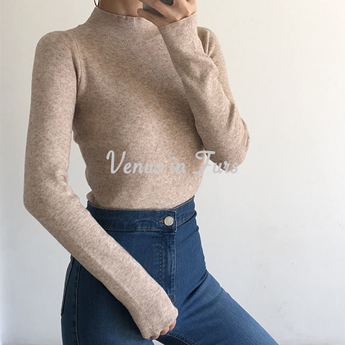 Mô hình cơ bản hoang dã Mỏng mỏng rắn nửa cao cổ áo sơ mi dài tay áo thun áo len - Đan Cardigan áo len