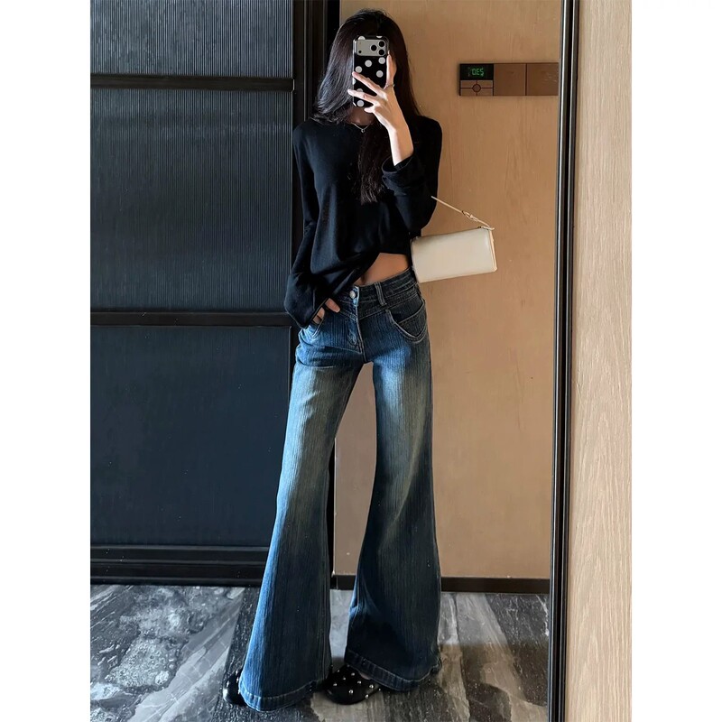 American Retro Bamboo Pattern Low-Waist Flared Jeans for Women, Autumn 2026 New Style, Petite Slim Fit Bell-Bottom Pants American Retro Bamboo Pattern Low-Waist Flared Jeans for Women, Autumn 2026 New Style, Petite Slim Fit Bell-Bottom Pants