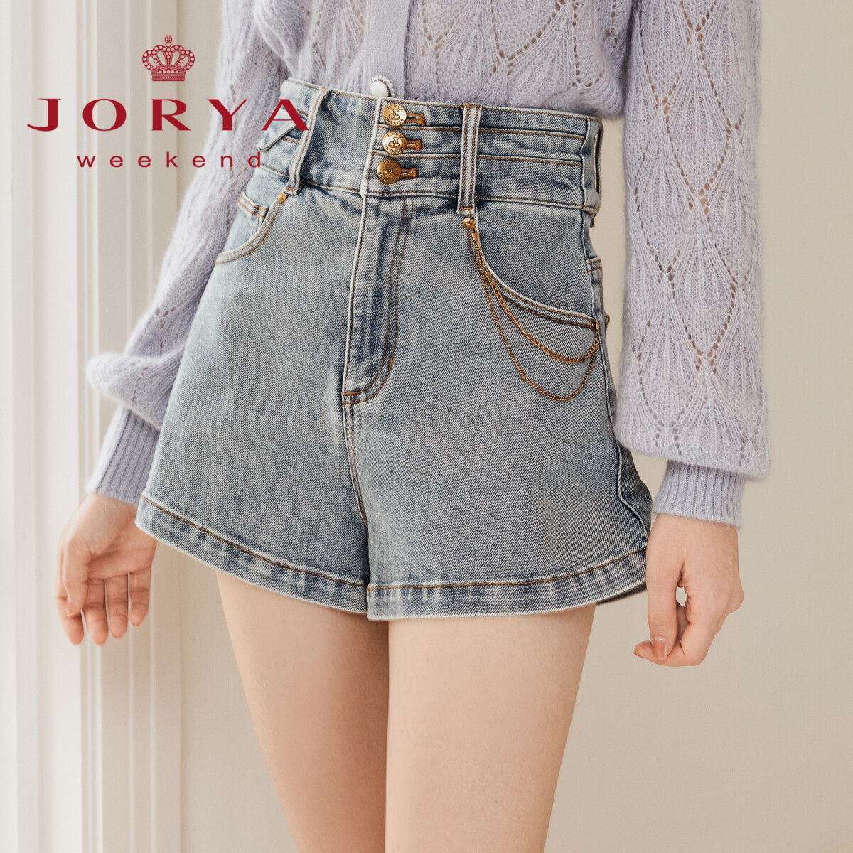 Zhuoja weekend 2023 Summer new high waist button chain decorated denim wide-leg shorts EJWBCQ06 -Taobao