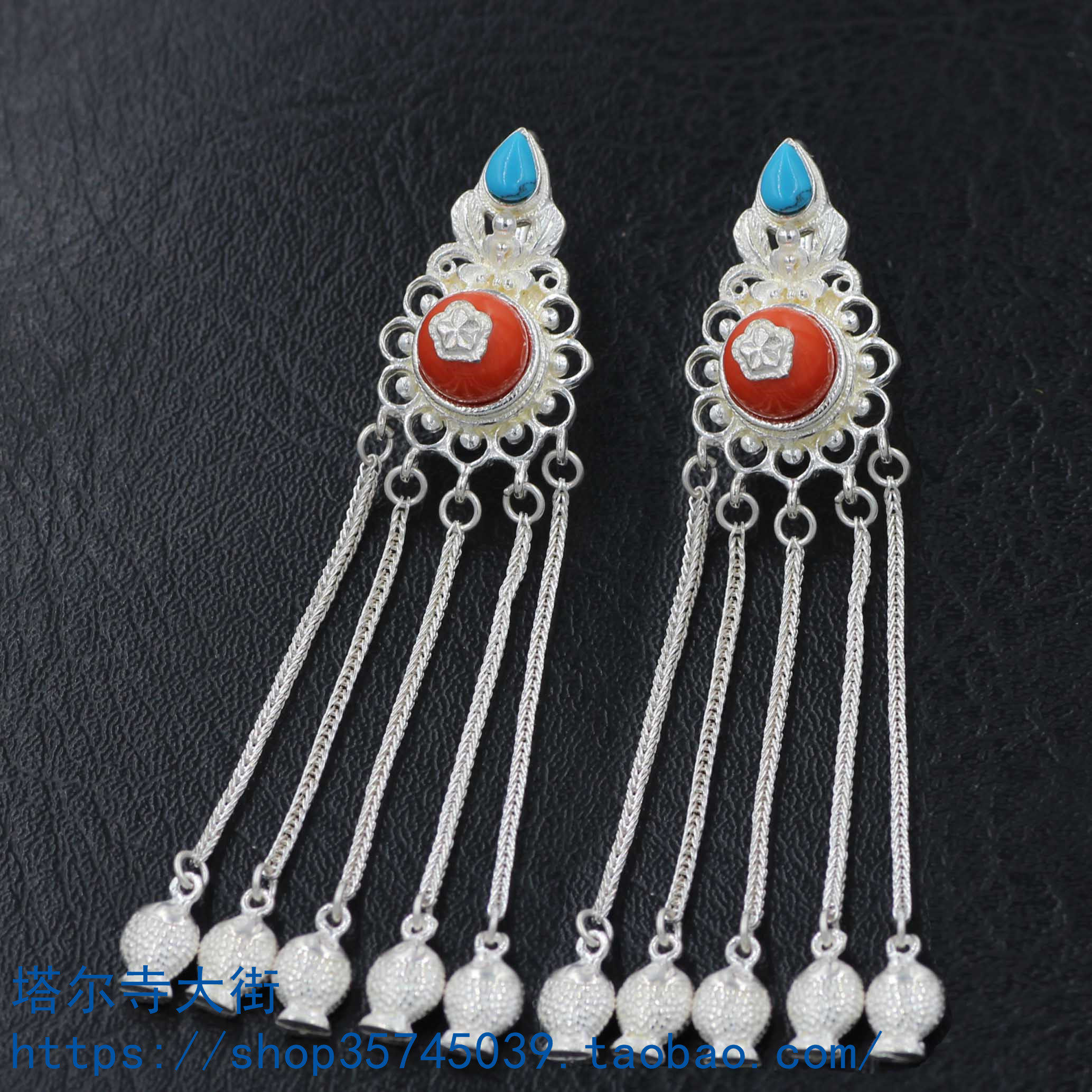 Hidden pure silver earring ear needle handmade with inlaid emulated jewel earrings Tibetan ornament not to back
