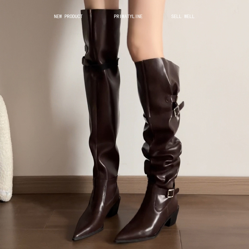 Sheepskin Version! Retro Chunky Heel Pointed Toe Western Cowboy Boots with Belt Buckle, Large Shaft Circumference, Riding Boots, Hot Girl Over-The-Knee Long Boots