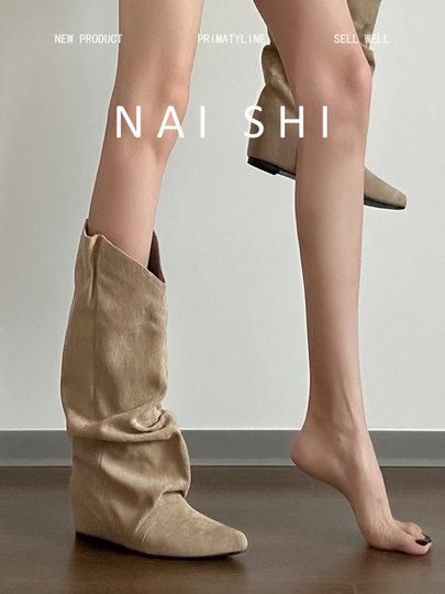 羊皮版！棕色西部牛仔靴百搭废土风堆堆靴女内增高显瘦复古长靴