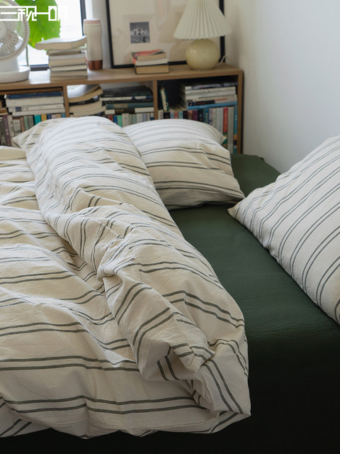 Middle style丨All cotton color woven and wash cotton four-piece set pure cotton retro striped bedding set green bedding sheet