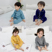  Parent-child pajamas a family of three children baby long-sleeved autumn clothes new two-piece mens and womens childrens home clothes suit tide