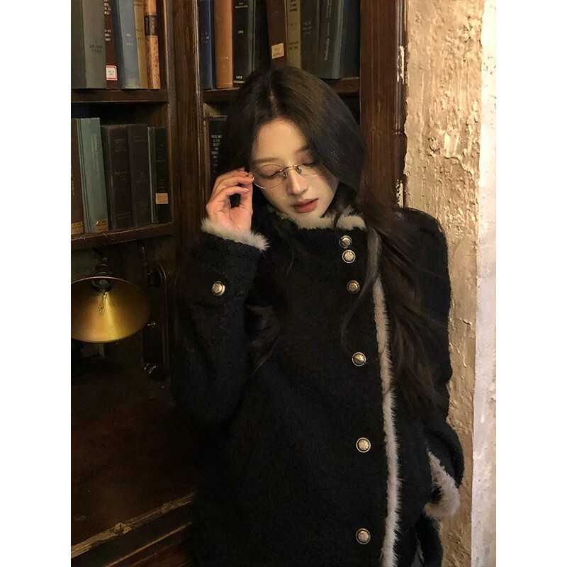 Black Short Looped Wool Cashmere Coat for Petite Women, 2026 New Winter Thickened Stand-Collar Woolen Jacket Black Short Looped Wool Cashmere Coat for Petite Women, 2026 New Winter Thickened Stand-Collar Woolen Jacket