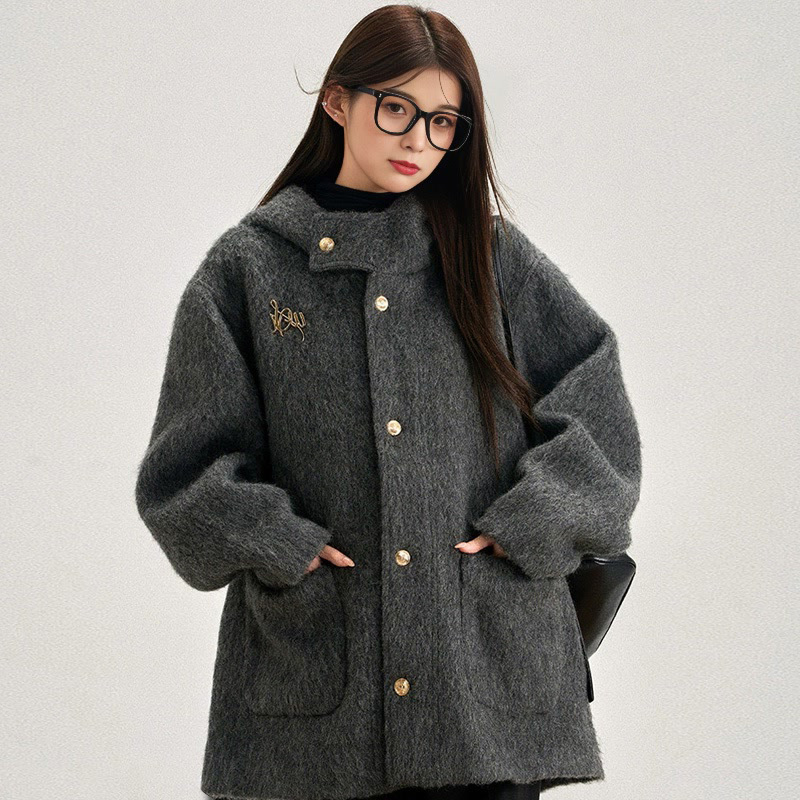 High-End Hooded Cashmere Wool Coat for Women, Winter Dark Gray Petite Woolen Coat with down Lining