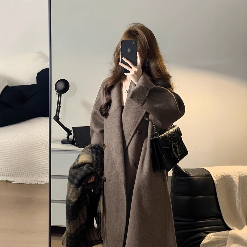 マイラールブラウンのダブルフェイスカシミアコート（レディース）2024年新作ミドル丈韓国風ゆったり高級ウールコート