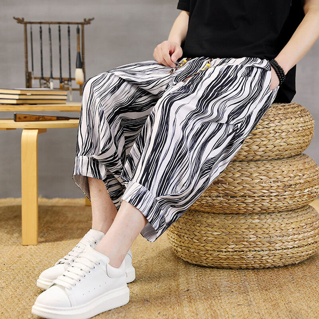 2025 New Trendy Brand Cropped Pants Men's Summer Thin Ice Silk Shorts Trendy Design Casual 7-Point Harem Pants