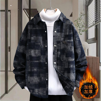 2025 autumn and winter new men's denim jacket loose trendy brand handsome shirt plus velvet thickened american casual jacket