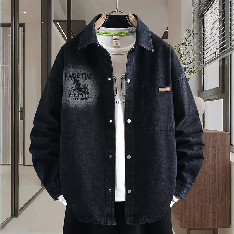 Teenagers' High-End Long-Sleeved Shirt Jacket for Men in Spring and Autumn, Junior High and High School Students' Plus-Size Denim Jacket