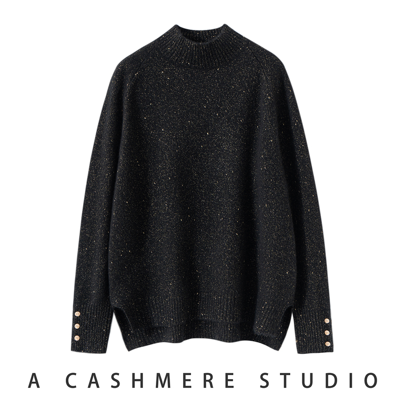Autumn and Winter Classic Half-Turtleneck Women's Cashmere Sweater Long-Sleeved Knitwear with Gold Thread Sleeves and Button Design Autumn and Winter Classic Half-Turtleneck Women's Cashmere Sweater Long-Sleeved Knitwear with Gold Thread Sleeves and Button Design