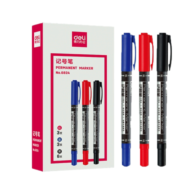 Deli Dual-Tip Marker Pen, Black Oil-Based Fine Tip Liner Pen, Drawing and Art Outlining Pen, Student Stationery, Marking Pen, Non-Breakable Ink, Waterproof, Quick-Drying, Red Marker Pen, Office Signing Pen