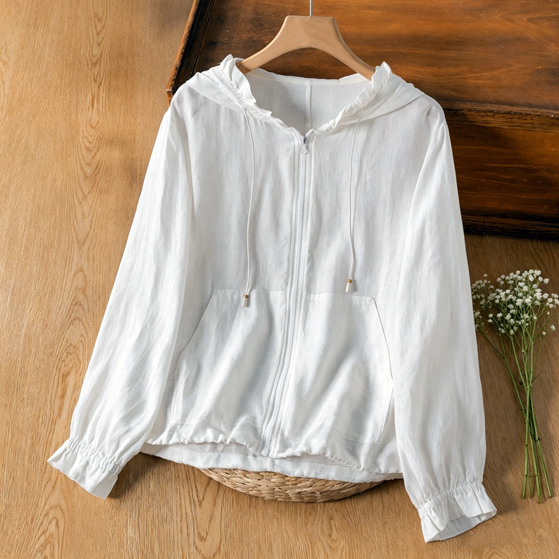 2026 High-End 60-Count Pure Hemp White Lace Hooded Sweatshirt Jacket for Women, Artistic Retro Loose Sun Protection Top 2026 High-End 60-Count Pure Hemp White Lace Hooded Sweatshirt Jacket for Women, Artistic Retro Loose Sun Protection Top
