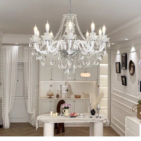 French-Style Minimalist Modern White Candle Crystal Chandelier for Living Room, Dining Room, Bedroom, Light Luxury, Palace Retro, and Unique Design