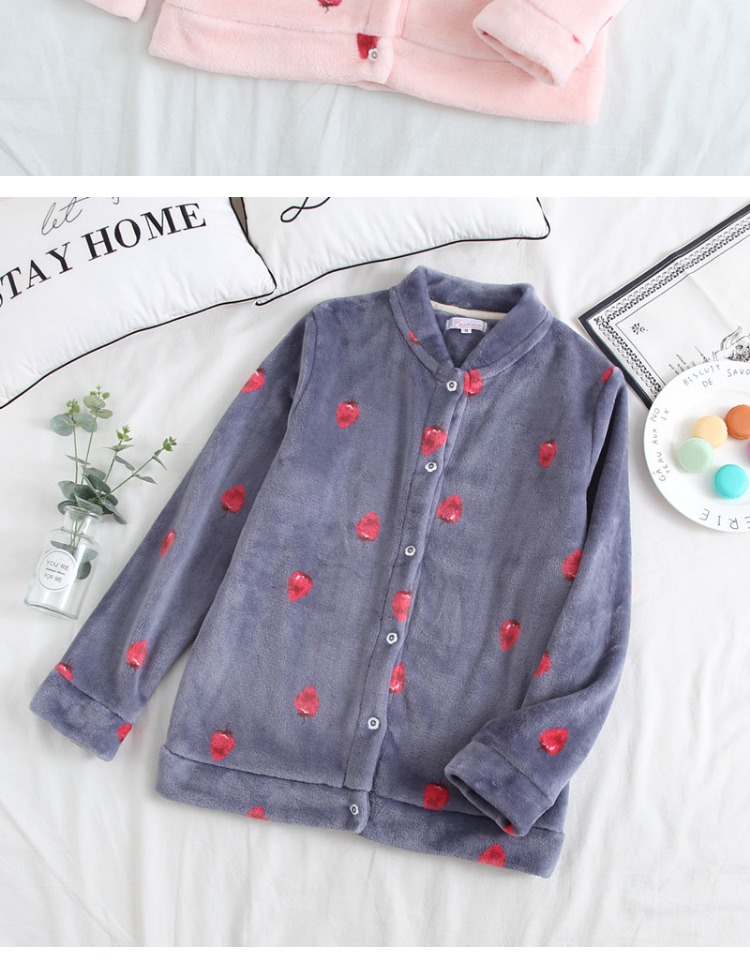 Đồ ngủ nữ đơn mảnh flannel ngọn mùa thu và mùa đông dày cộng với nhung không cổ ấm ngọn ngọt cổ tròn lông cừu san hô đồ ngủ nam